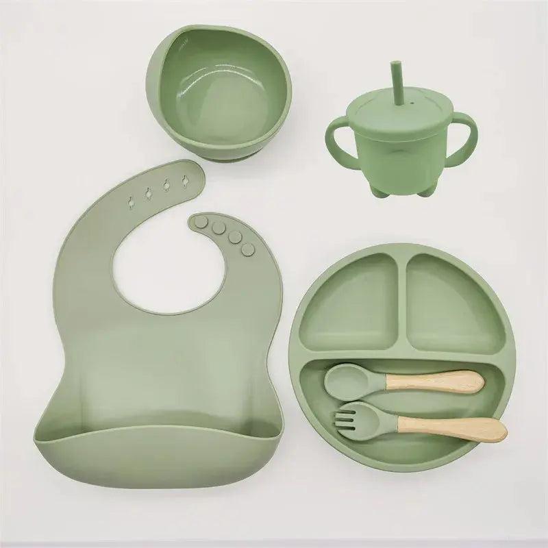 Children'S Dishes Set Baby Silicone 6/8-Piece Tableware Set Suction Cups Forks Spoons Bibs Straws Cups Mother and Baby Supplies