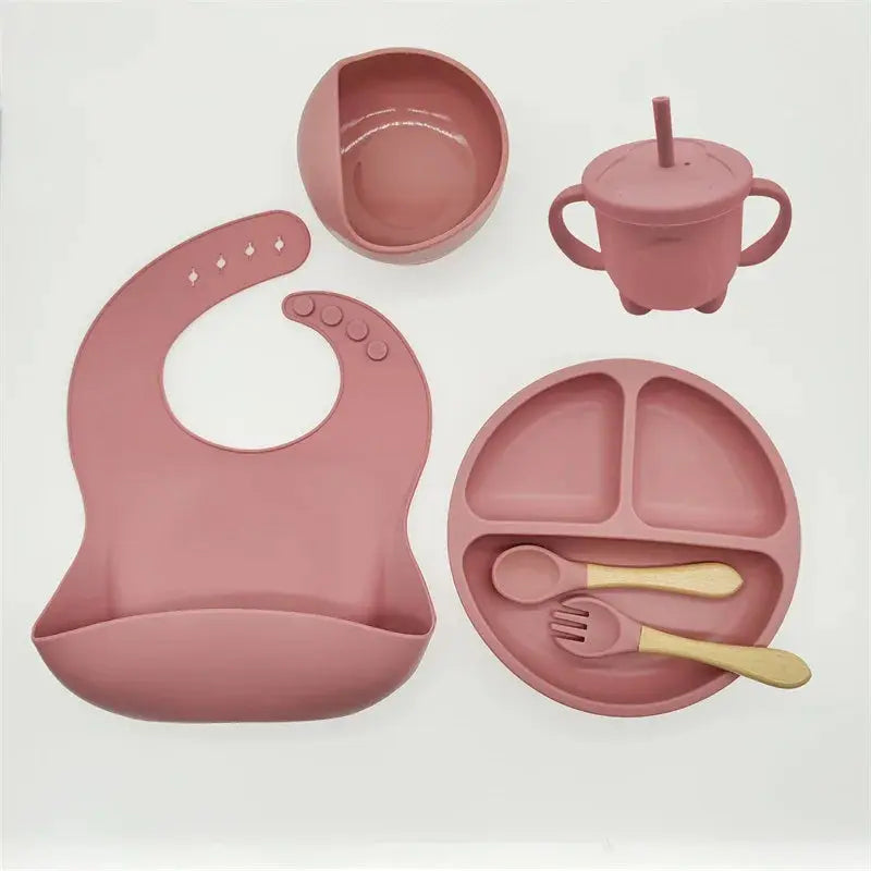 Children'S Dishes Set Baby Silicone 6/8-Piece Tableware Set Suction Cups Forks Spoons Bibs Straws Cups Mother and Baby Supplies