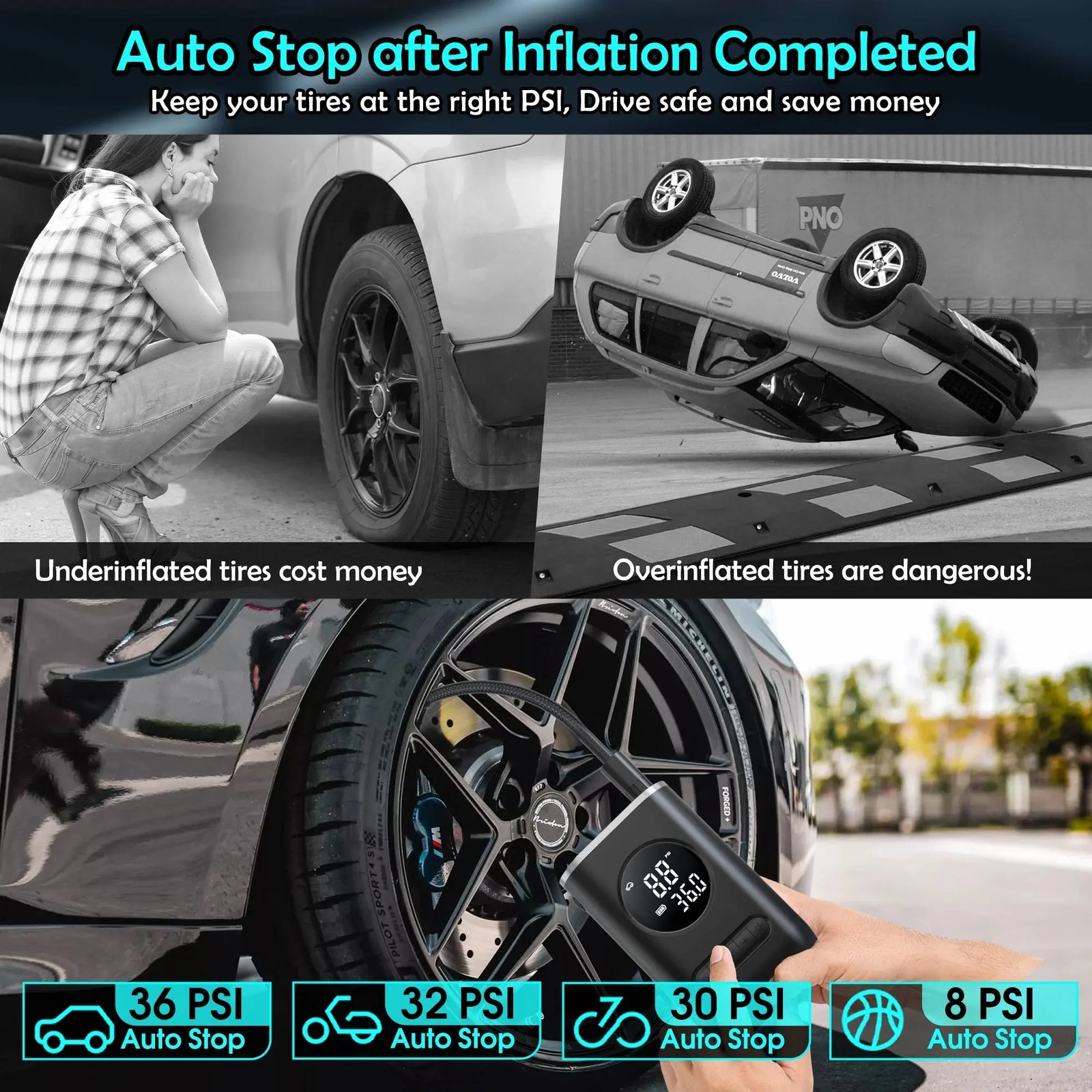 Tire Inflator Portable Air Compressor, 150PSI Cordless Air Pump for Car Tires with Digital Pressure Gauge, Rechargeable Tire Pump with LED Light for Car Bike Motorcycles Balls