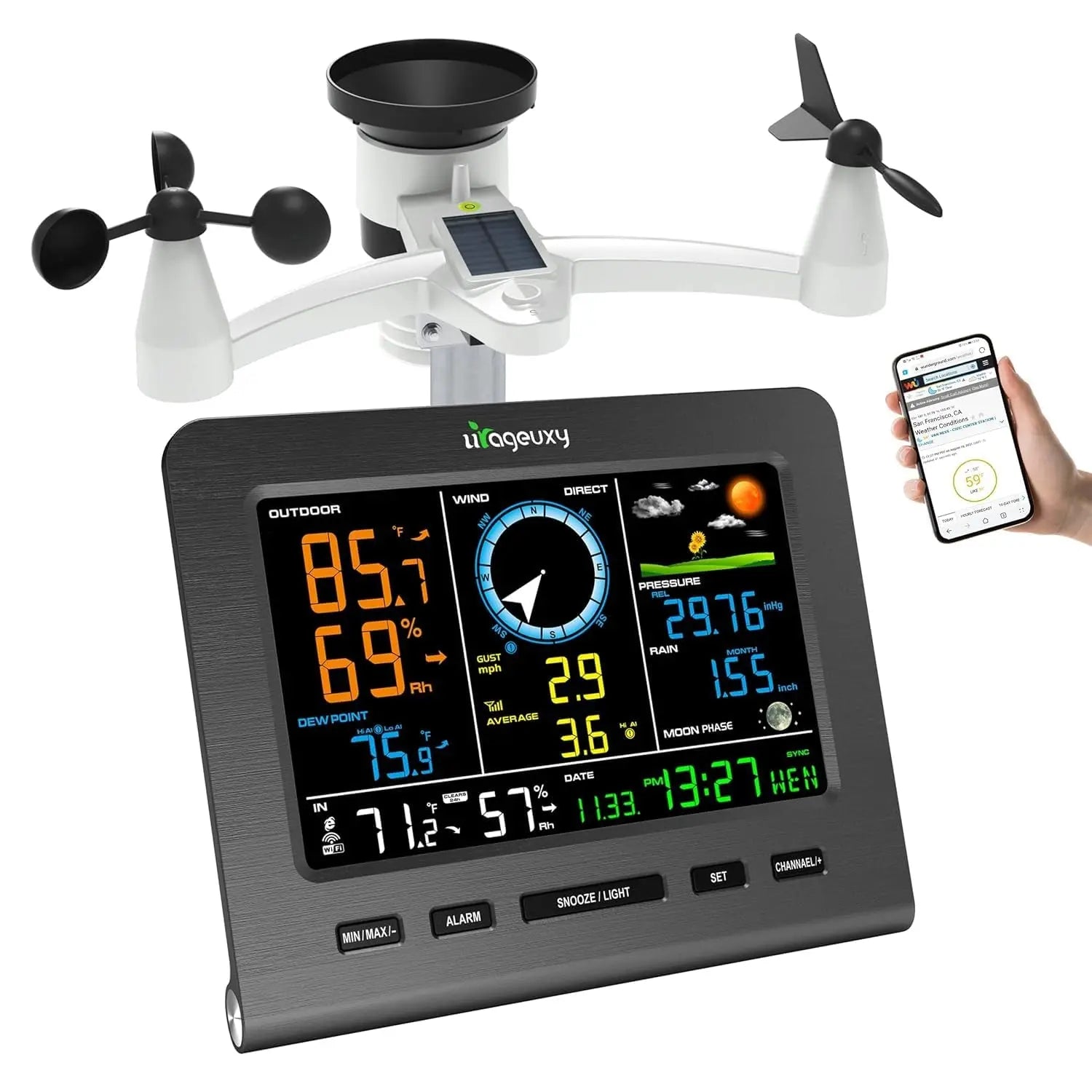 Wifi Weather Station, Wireless Indoor Outdoor Home Weather Stations with Rain Gauge, Wind Speed/Direction, Indoor/Outdoor Thermometer/Humidity, Moon Phrase, Alarm Clock, Barometric Pressure