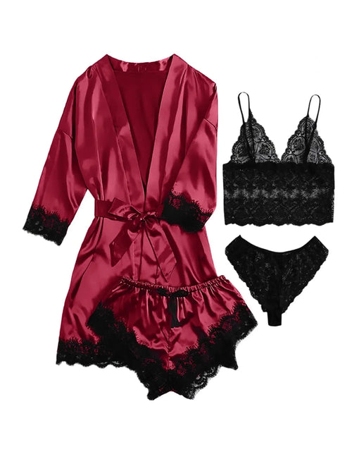 Load image into Gallery viewer, Sexy Lingerie,  Silk Satin Pajamas for Women, Womens Summer Pajamas Pjs Sets of 4 Pcs with Floral Lace Top Shorts and Robe, Gift for Women, Burgundy, XXL
