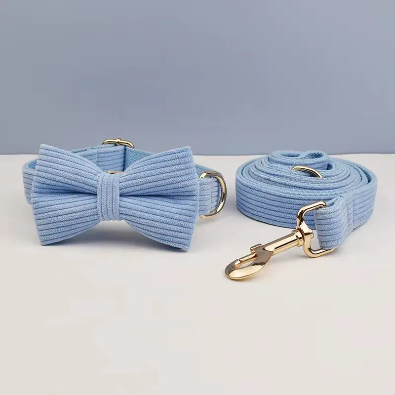 Blue Corduroy Dog Collar and Leash Set for Dogs Custom Engraved Nameplate Pet Supplies Dog Leash Corduroy08