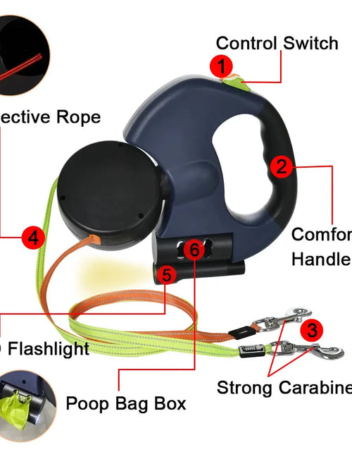 Load image into Gallery viewer, 3M Retractable Dog Leash for Small Dogs Reflective Dual Pet Leash Lead 360 Swivel No Tangle Double Dog Walking Leash with Lights
