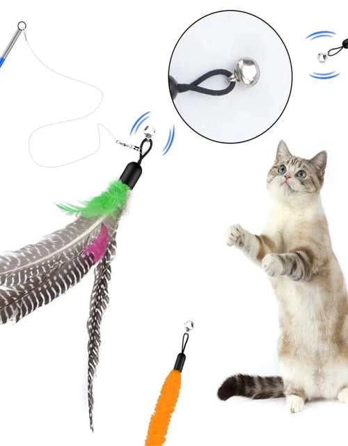 Load image into Gallery viewer, Cat Feather Toys, 13PCS Replacement Teaser with Bell Refills and 2PCS Retractable Cat Wand Toy , Interactive Cat Wand for Kitten Cat Having Fun Playing
