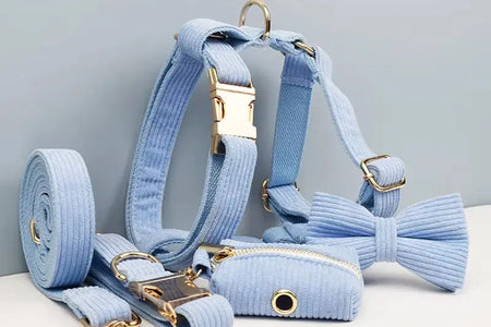 Blue Corduroy Dog Collar and Leash Set for Dogs Custom Engraved Nameplate Pet Supplies Dog Leash Corduroy08