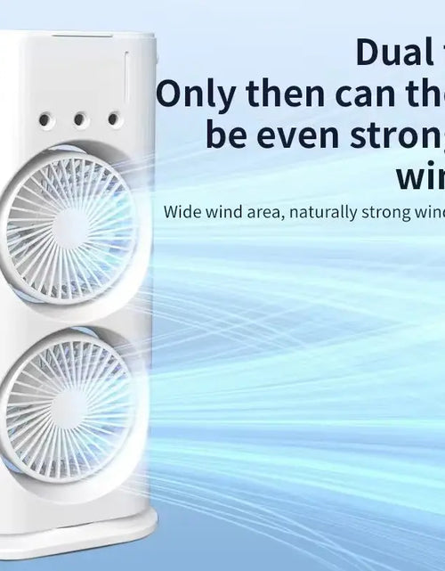 Load image into Gallery viewer, BreezeGlow™ 2-in-1 Dual Mist Cooling Fan – Chill, Hydrate &amp; Light Up Your Space
