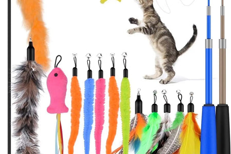 Cat Feather Toys, 13PCS Replacement Teaser with Bell Refills and 2PCS Retractable Cat Wand Toy , Interactive Cat Wand for Kitten Cat Having Fun Playing