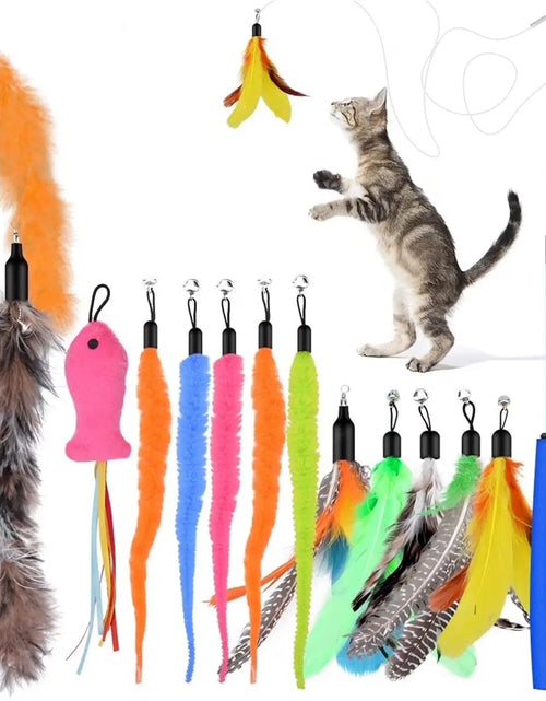 Load image into Gallery viewer, Cat Feather Toys, 13PCS Replacement Teaser with Bell Refills and 2PCS Retractable Cat Wand Toy , Interactive Cat Wand for Kitten Cat Having Fun Playing
