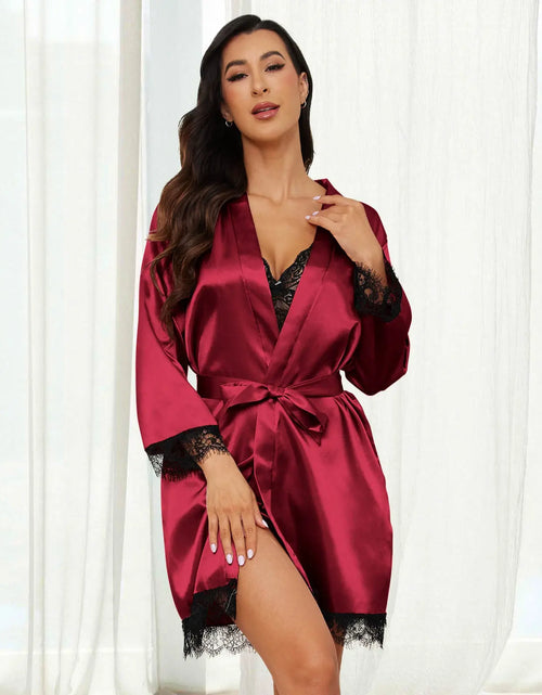 Load image into Gallery viewer, Sexy Lingerie,  Silk Satin Pajamas for Women, Womens Summer Pajamas Pjs Sets of 4 Pcs with Floral Lace Top Shorts and Robe, Gift for Women, Burgundy, XXL
